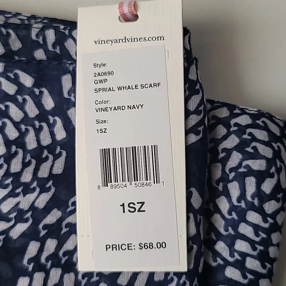 🐳 🐳 Vineyard Vines Spiral Whale Scarf Sheer Navy Blue & White 72"x20" NWT - Picture 5 of 5